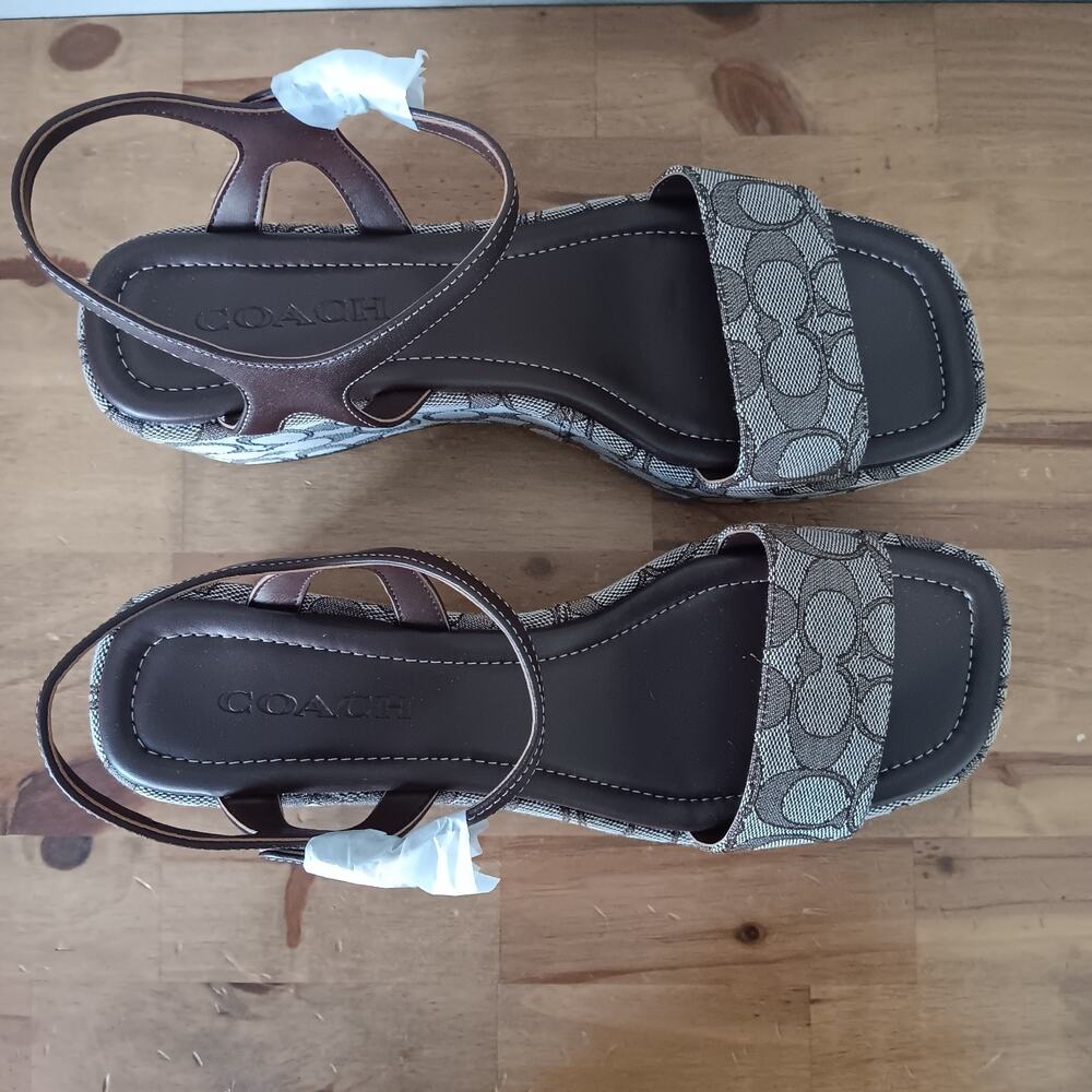 Coach Women Gale Wedge Sandal In Maple Signature Jacquard Size 11 B Damaged Box - Picture 4 of 14